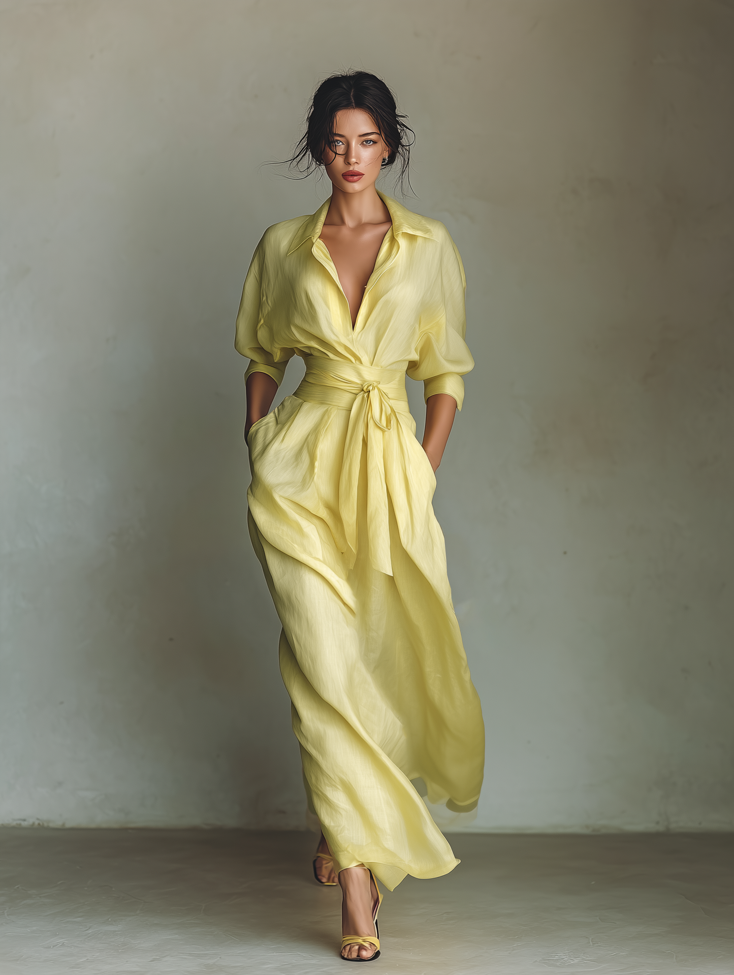 Maxi Shirt Dress for Women in Lemon Yellow with a Tie Belt & Three-Quarter Sleeves