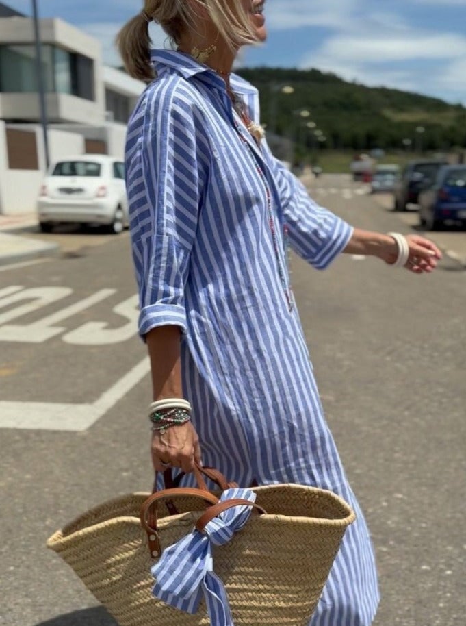 Niamh | Vestido camisero a rayas con cordones y detalles de encaje