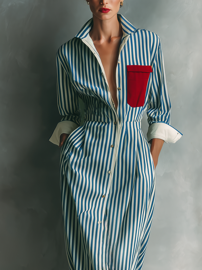 Women's Blue And White Cotton Blend Striped Shirt Dress With Red Chest Pocket