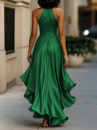 Violet & Grace - Midnight Elegance Satin Halter Ruffle Gown