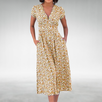 Women’s Floral V-Neck Pocket Midi Dress