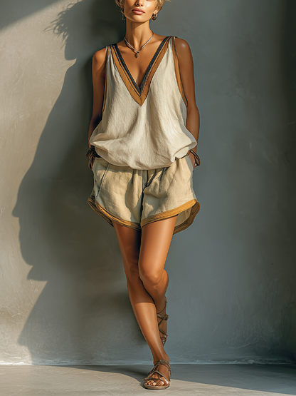 Women's Beige Linen-Blend Contrast Trim V-Neck Tank Top & Khaki Shorts Two-Piece Set