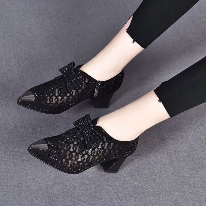 Zapatos de tacón grueso huecos con diamantes de imitación, informales de verano, y sandalias de mujer de talla grande de color liso con nueva hebilla de cinturón