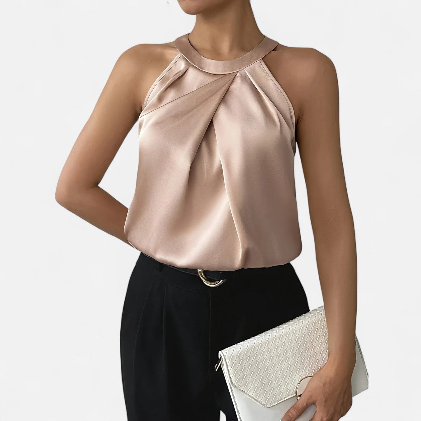 Women’s Elegant Pleated Front Draped Satin Tanks
