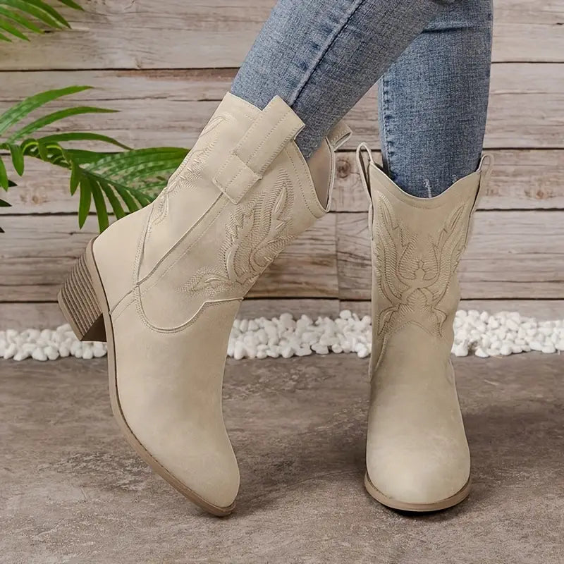 Botas vaqueras de tacón ancho de moda para mujer