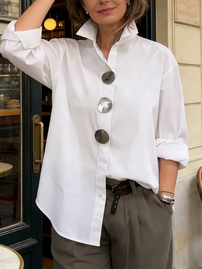 Cotton Linen Blouse with Elegant Collar and Metal Buttons