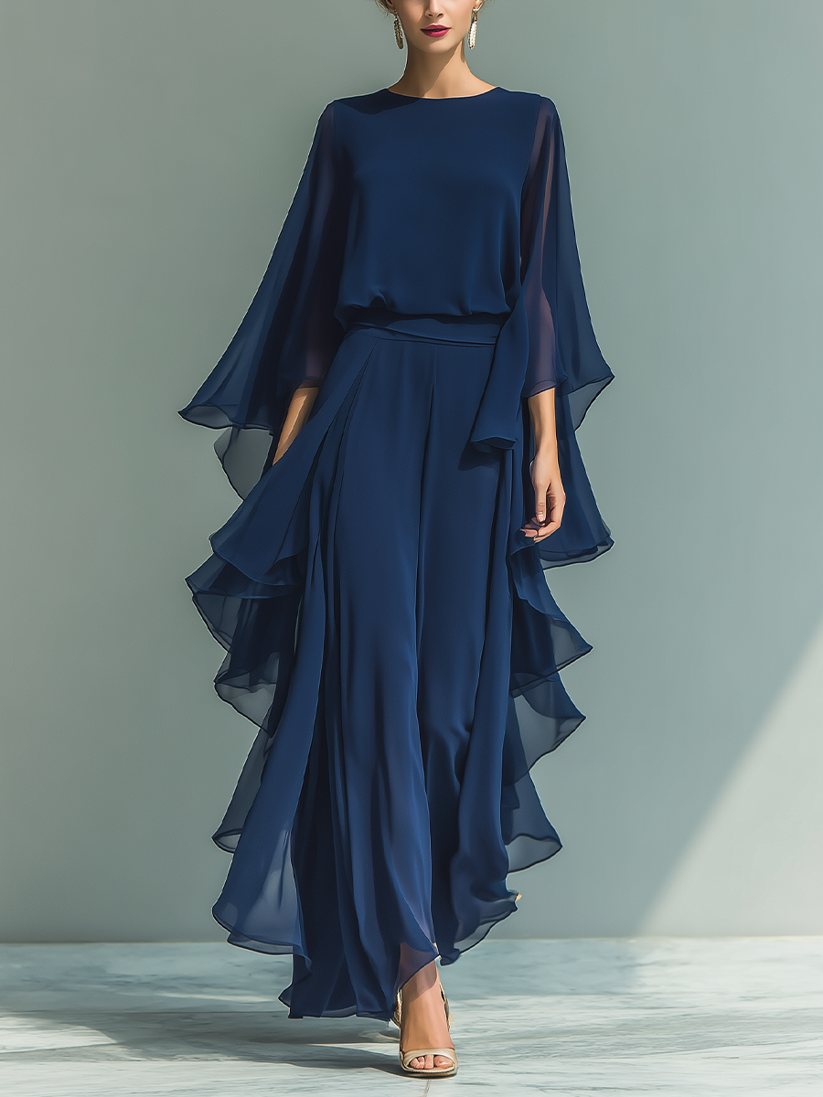 Navy Blue Top Set with Flared Sleeves and Straight-Leg Pants with Ruché Details