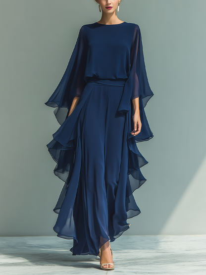 Women's Navy Blue Chiffon Top With Flared Sleeves And Straight-leg Trousers Set With Ruffled Details