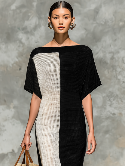Women's Minimalist Knitted Boat Neck Short-sleeved Maxi Dress