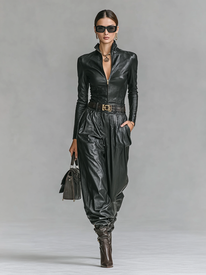 Women's Fashion PU Leather Slim Fit Zipper Stand Collar Shirt Pants Set (Without Belt)