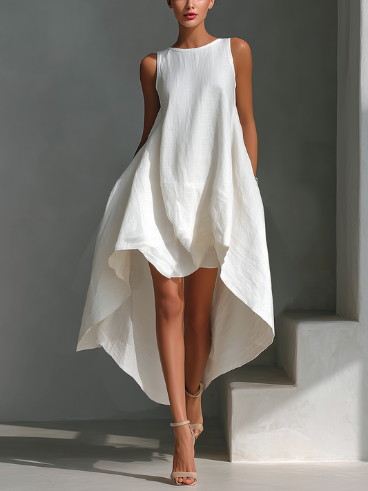 Women's White Linen Fabric Sleeveless Midi Dress With Round Neck & Asymmetric Hem
