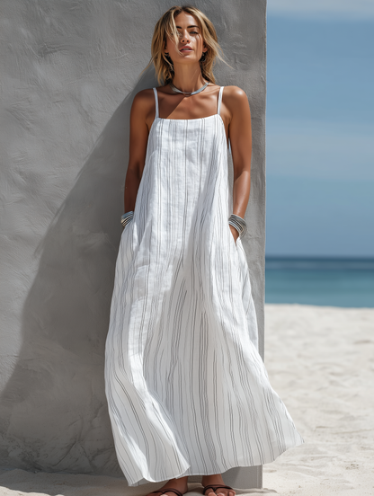 Women's Casual White Vertical Striped Woven Sleeveless Loose Long Dress