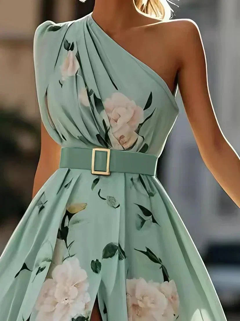 Julie | Light Green Floral One-Shoulder Maxi Dress