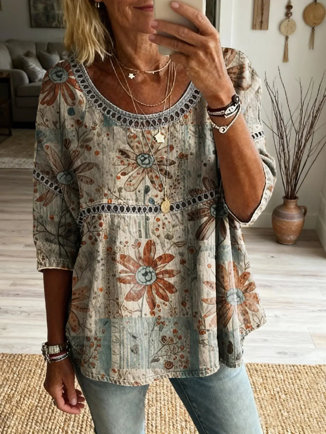 Women's Bohemian Vintage Floral Art Print Casual Round Neck Cutout Top