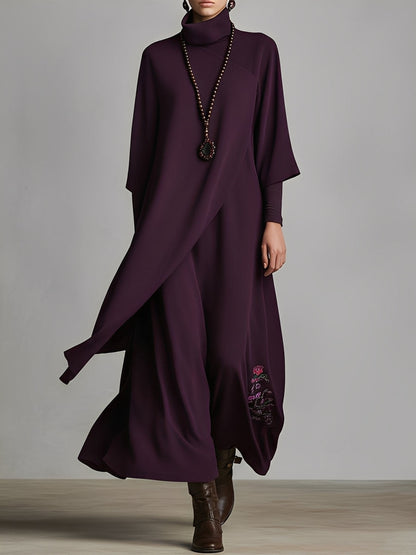 Women's Plum Draped Cotton-Blend Jersey Elegant Turtleneck Embroidered Maxi Dress