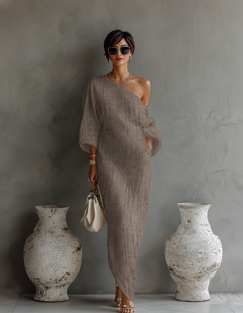Elegant Flowing Ivory White Dress with Off-Shoulder