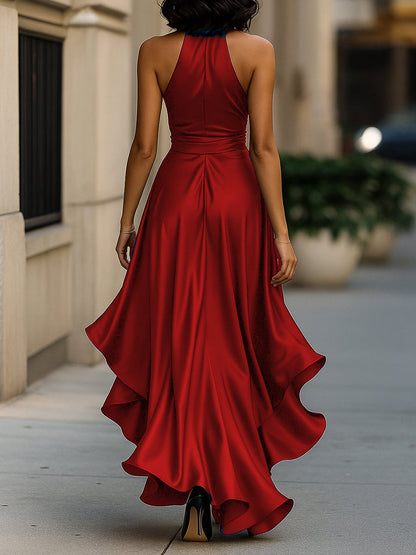 Violet & Grace - Midnight Elegance Satin Halter Ruffle Gown