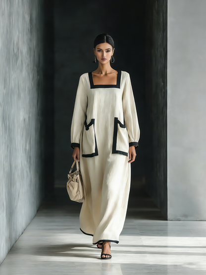 Women's Beige Cotton And Linen Blend Square-Neck Maxi Dress With Black Trim & Oversized Pockets