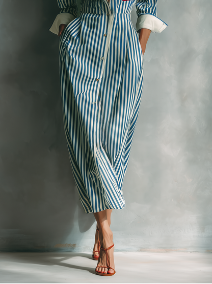 Women's Blue And White Cotton Blend Striped Shirt Dress With Red Chest Pocket