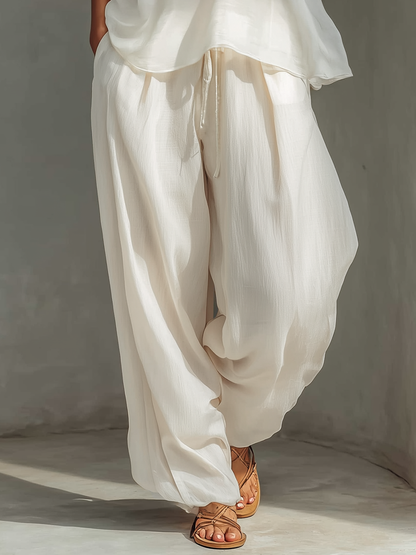 Women's Cream Two-Piece Set With Semi-sheer Chiffon Sleeveless Top & Cotton And Linen Blend Drawstring Wide-Leg Trousers