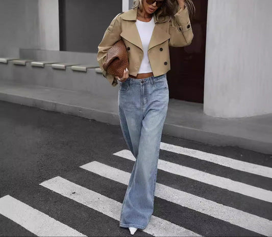 Chaqueta trench de doble botonadura corta para mujer