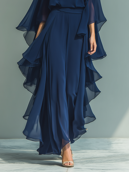 Navy Blue Top Set with Flared Sleeves and Straight-Leg Pants with Ruché Details