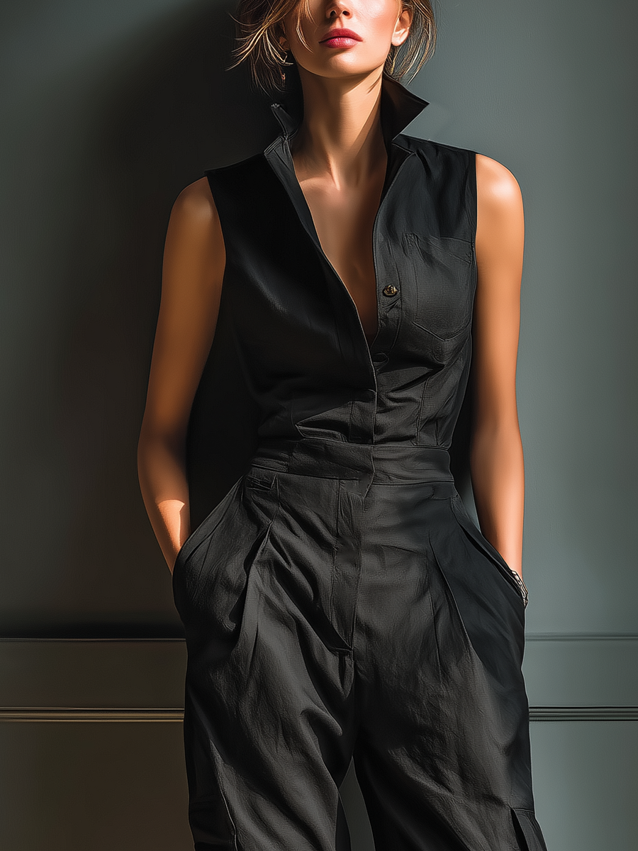 Women's Black Cotton And Linen Blend Sleeveless Collared Jumpsuit With Cargo Pockets