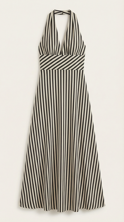 Vestido largo a rayas con cuello en V