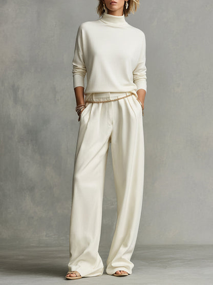 Women's Cream Soft Knit Chic Turtleneck Top & Flowy Wide-Leg Pant Set