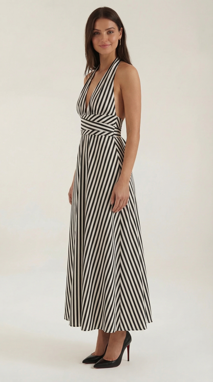 Vestido largo a rayas con cuello en V