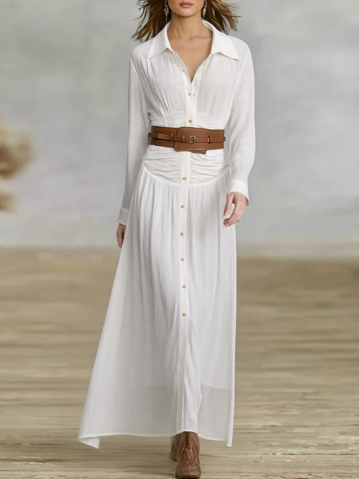 Women's Imitation Cotton And Linen Pleated Lapel Single-breasted Long-sleeved Maxi Dress