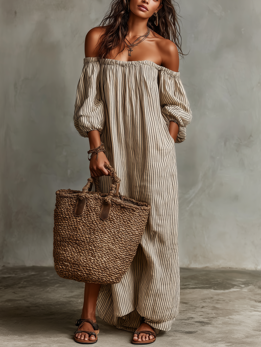 Carmen | Long cotton and linen dress with off-the-shoulder design