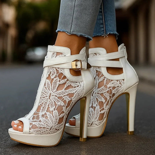 LACE REAL LEATHER HEELS