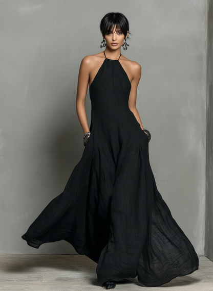 Women's Minimalist Linen Blend Halter Neck Sleeveless Maxi Dress