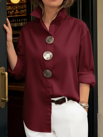Cotton Linen Blouse with Elegant Collar and Metal Buttons