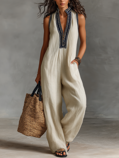 Women's Minimalist Linen Blend Sleeveless Jumpsuit With Zipper And Stand Collar, Featuring Embroidery