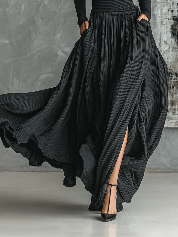 Women's Fashion All Black Skinny Turtleneck T-shirt Pleated Skirt Set