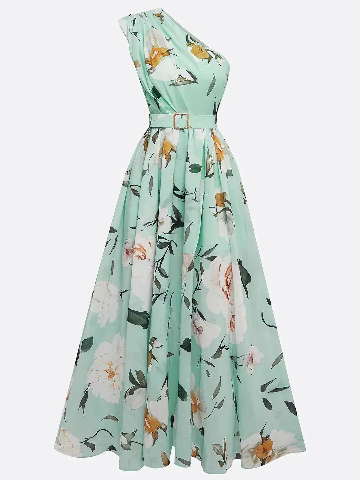 Julie | Light Green Floral One-Shoulder Maxi Dress
