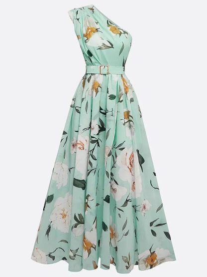 Julie | Light Green Floral One-Shoulder Maxi Dress