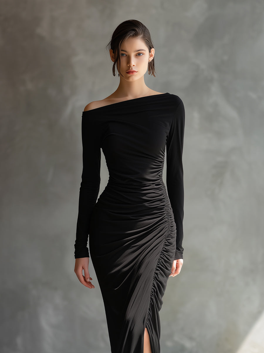 Women's Black Elegant Jersey Off - Shoulder Ruched Slit Maxi Dress