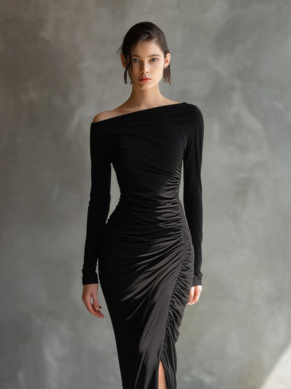 Women's Black Elegant Jersey Off - Shoulder Ruched Slit Maxi Dress