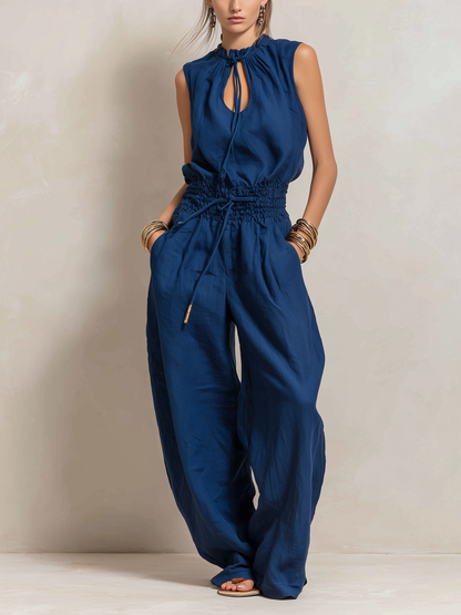 Women's Elegant Dark Blue Cotton-Linen Sleeveless Jumpsuit With Round Neck