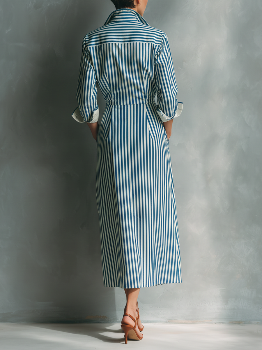 Women's Blue And White Cotton Blend Striped Shirt Dress With Red Chest Pocket
