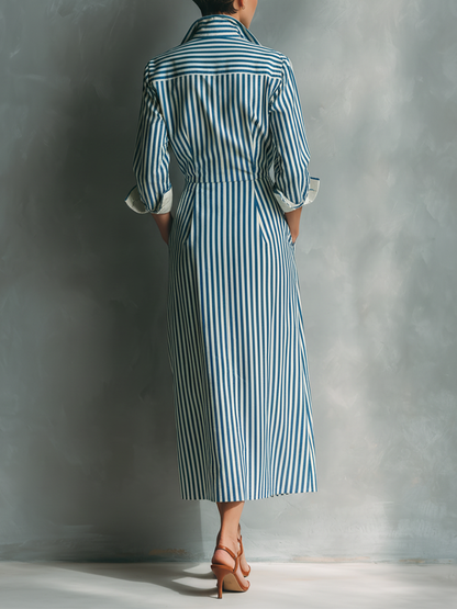 Women's Blue And White Cotton Blend Striped Shirt Dress With Red Chest Pocket