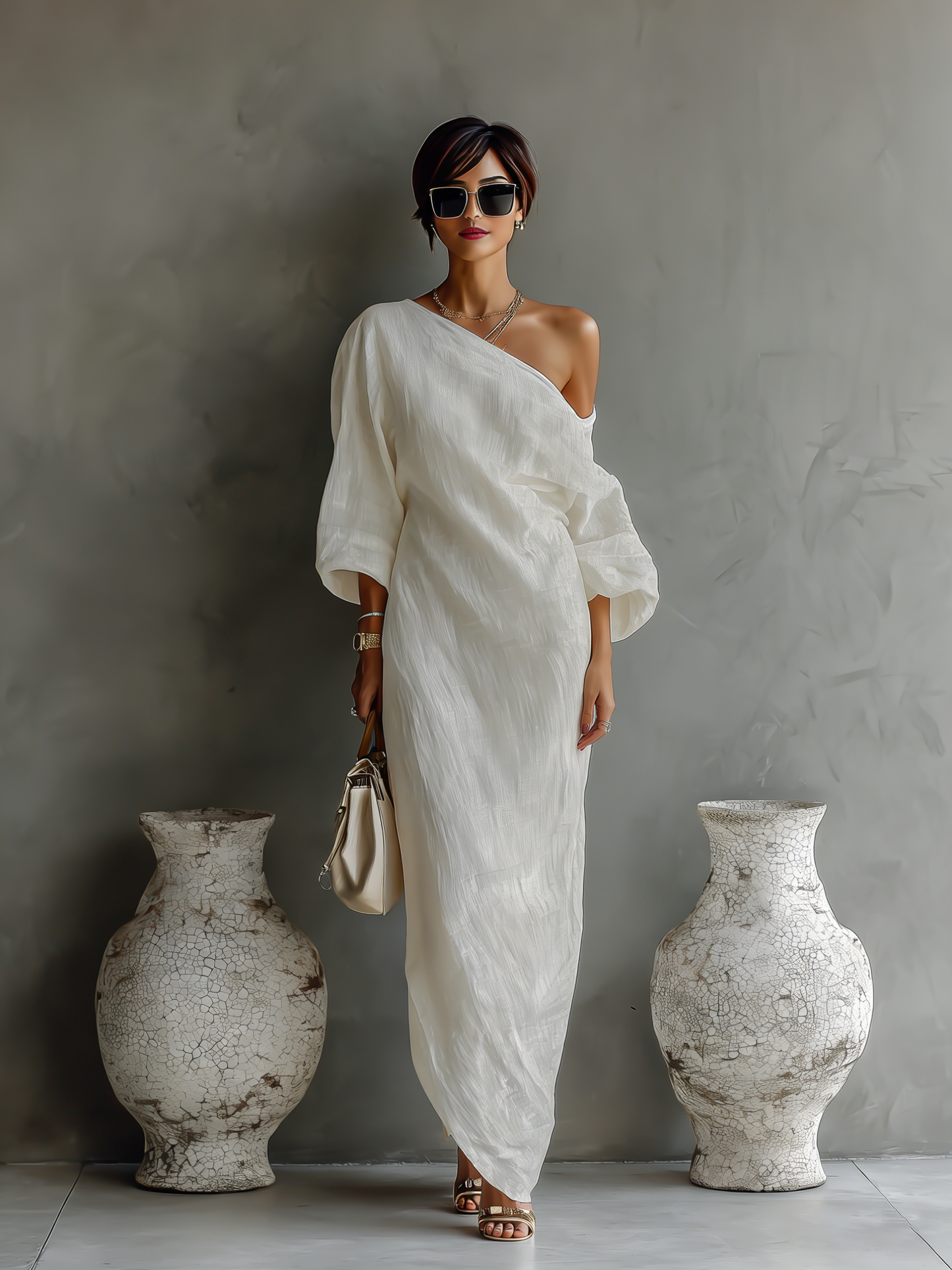 Elegant Flowing Ivory White Dress with Off-Shoulder