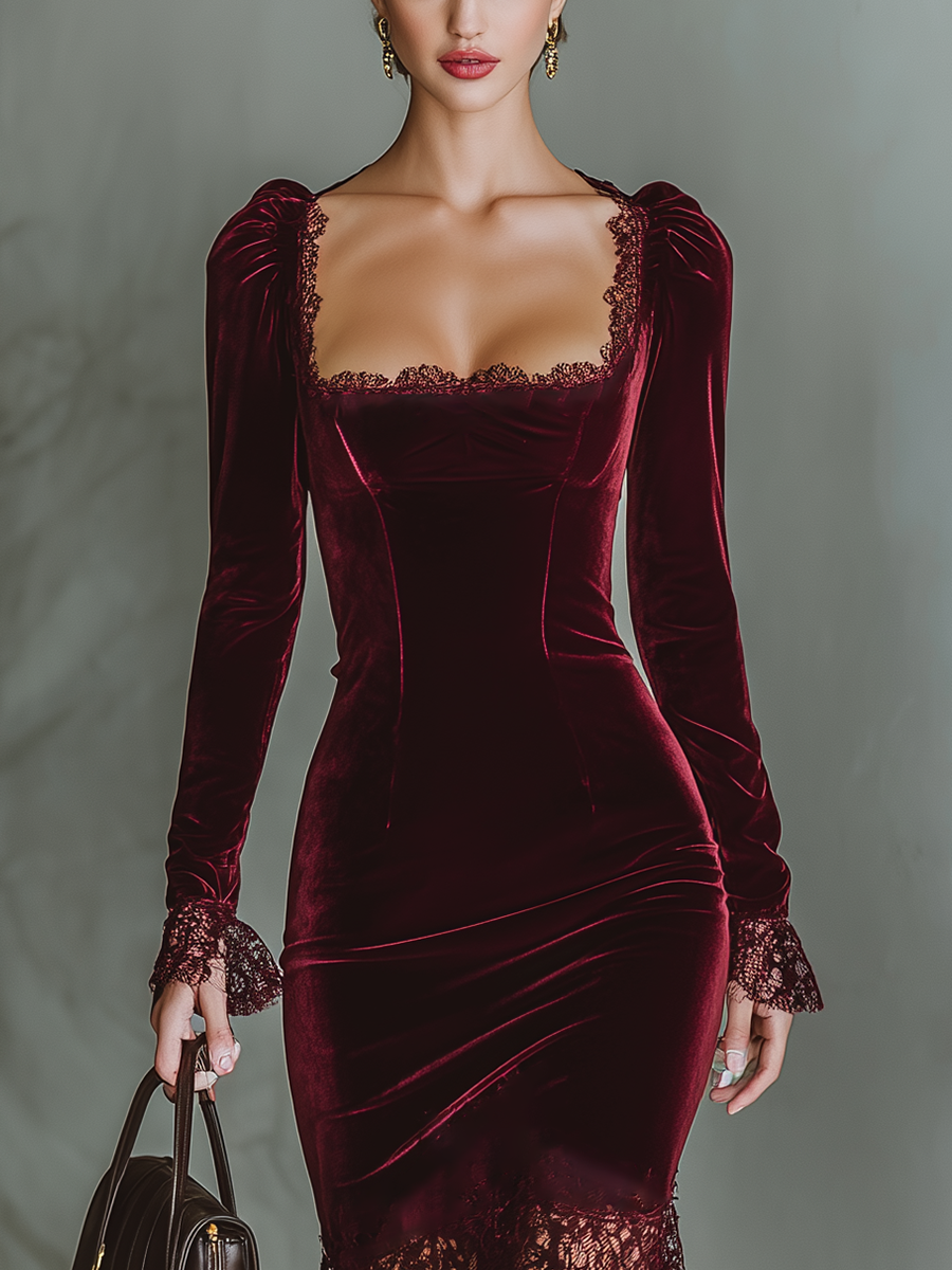 Women's Burgundy Velvet Lace Fitted Maxi Dress