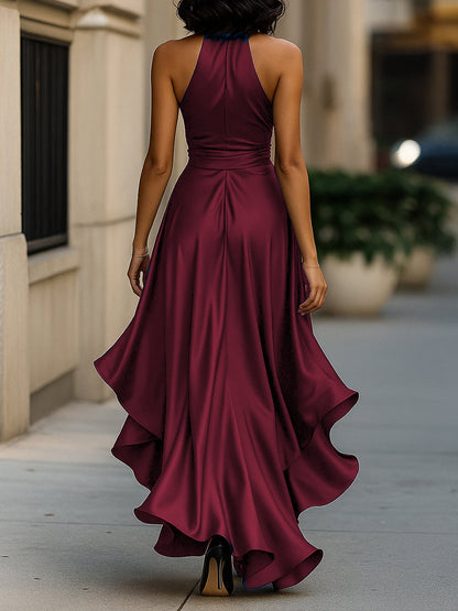 Violet & Grace - Midnight Elegance Satin Halter Ruffle Gown