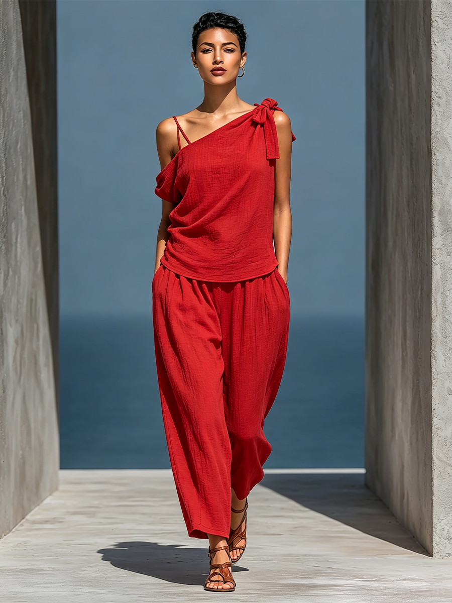 Women’s Red Linen Two-Piece Set: Asymmetrical One-Shoulder Top (Without Neck Scarf) & Wide-Leg Pants With Pockets