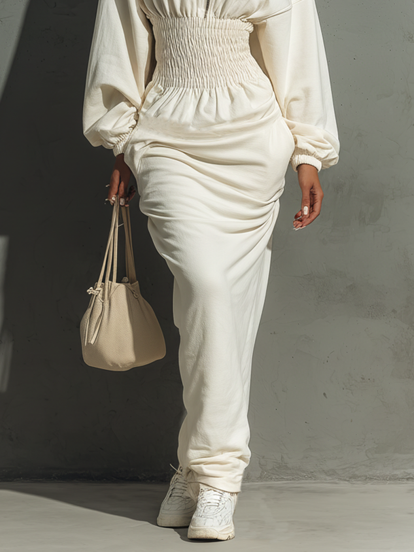 Women's Minimalist Waist Shirring Hooded Sweatshirt Maxi Dress