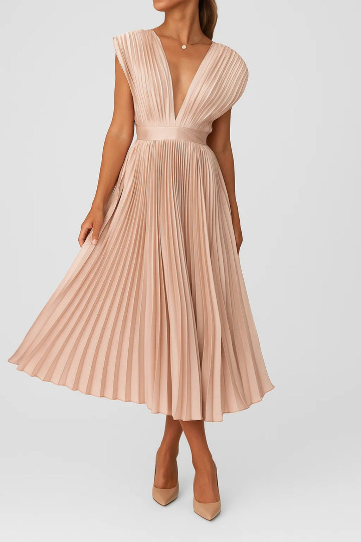 Vestido midi plisado con escote en V